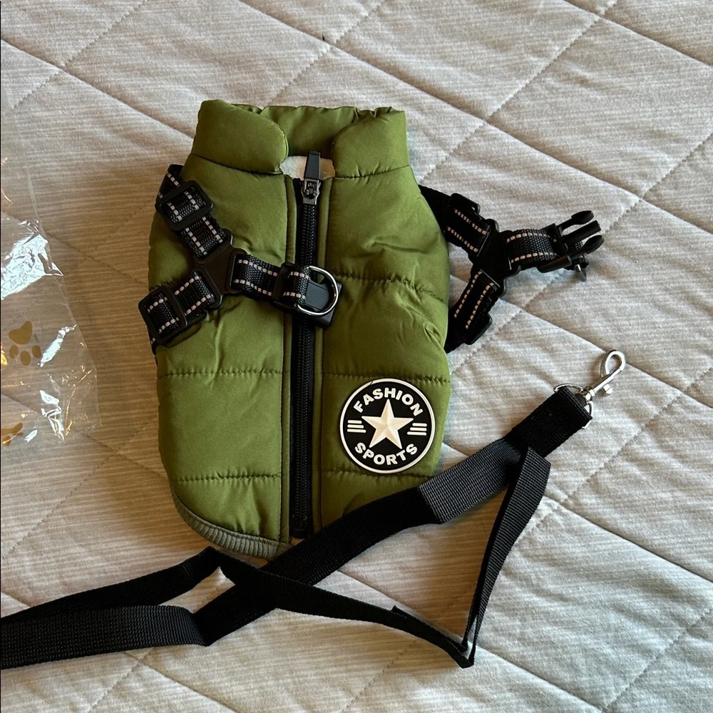 Small dog Green Vest with adjustable harness attached